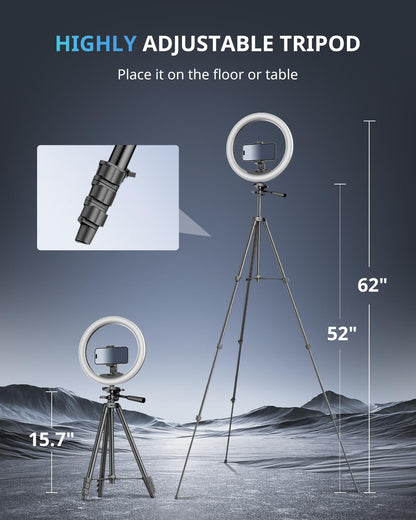 10" Selfie Ring Light with 50" Extendable Tripod Stand & Flexible Phone Holder for Live Stream/Makeup, UBeesize Mini Desktop Led Camera Ringlight for YouTube Video, Compatible with iPhone/Android