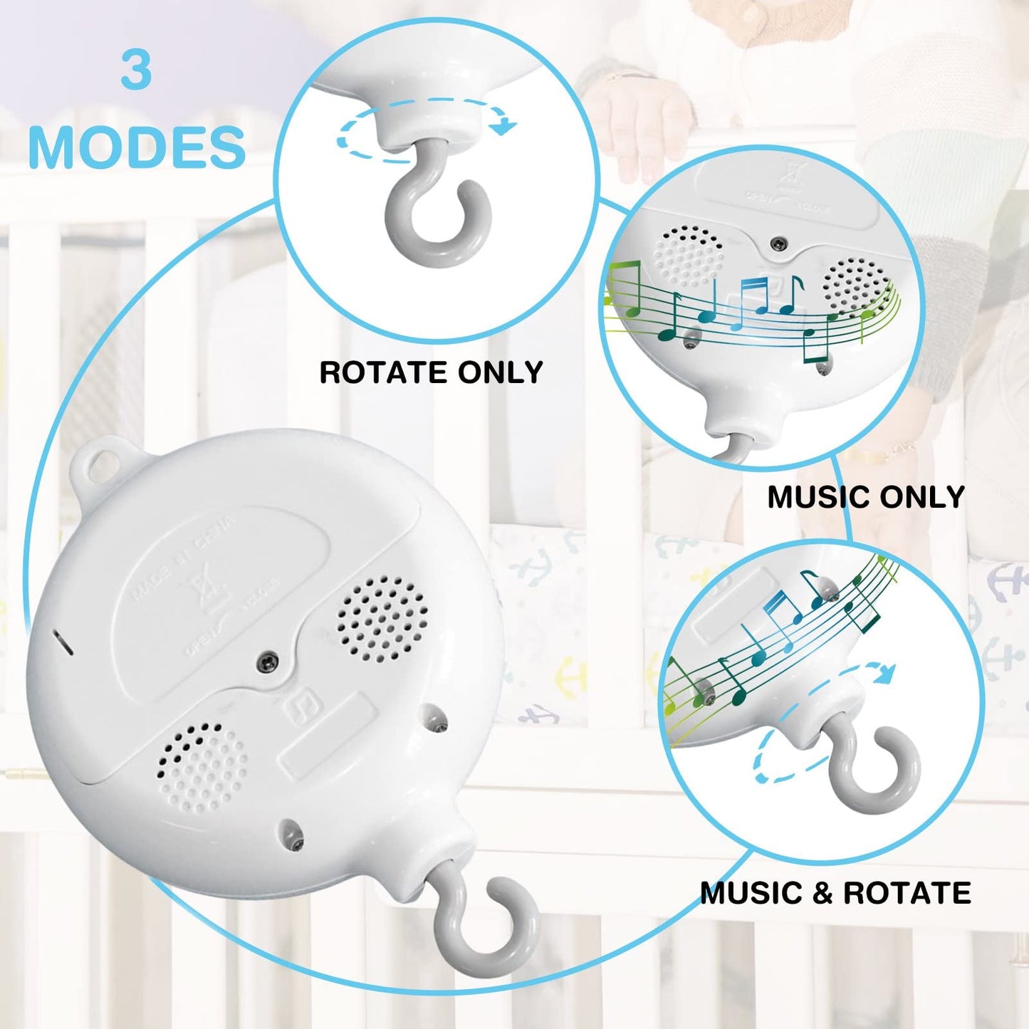 FITNATE Baby Bedding Rotating Musical Box Mobile Music Box Toy Plays 35Tunes(without Brackets or Toys),Battery-operated with Free 3 stickers, 128M Micro SD Card&USB Cable for data transmission