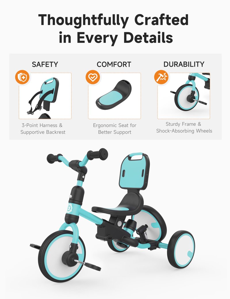 besrey 5-in-1 Toddler Tricycle with Push Handle, Grow with Me Kids Trike for 1-3 Years, Balance Bike & Tricycle, Adjustable Parent Steering, Safety Seat with Backrest