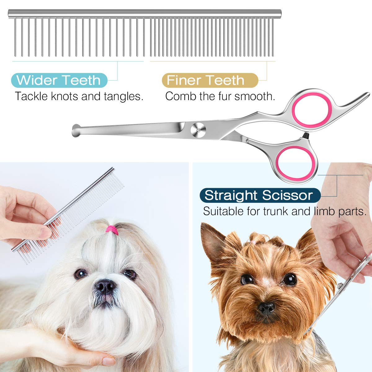 Pawaboo Dog Grooming Scissors Set, 5 Pieces Professional Dog Salon Scissors, Combing Fur Scissors with Round Safety Tip for Pets, Dogs, Cats, Thinning Scissors, Hair Care, Grooming Cutting - Pink