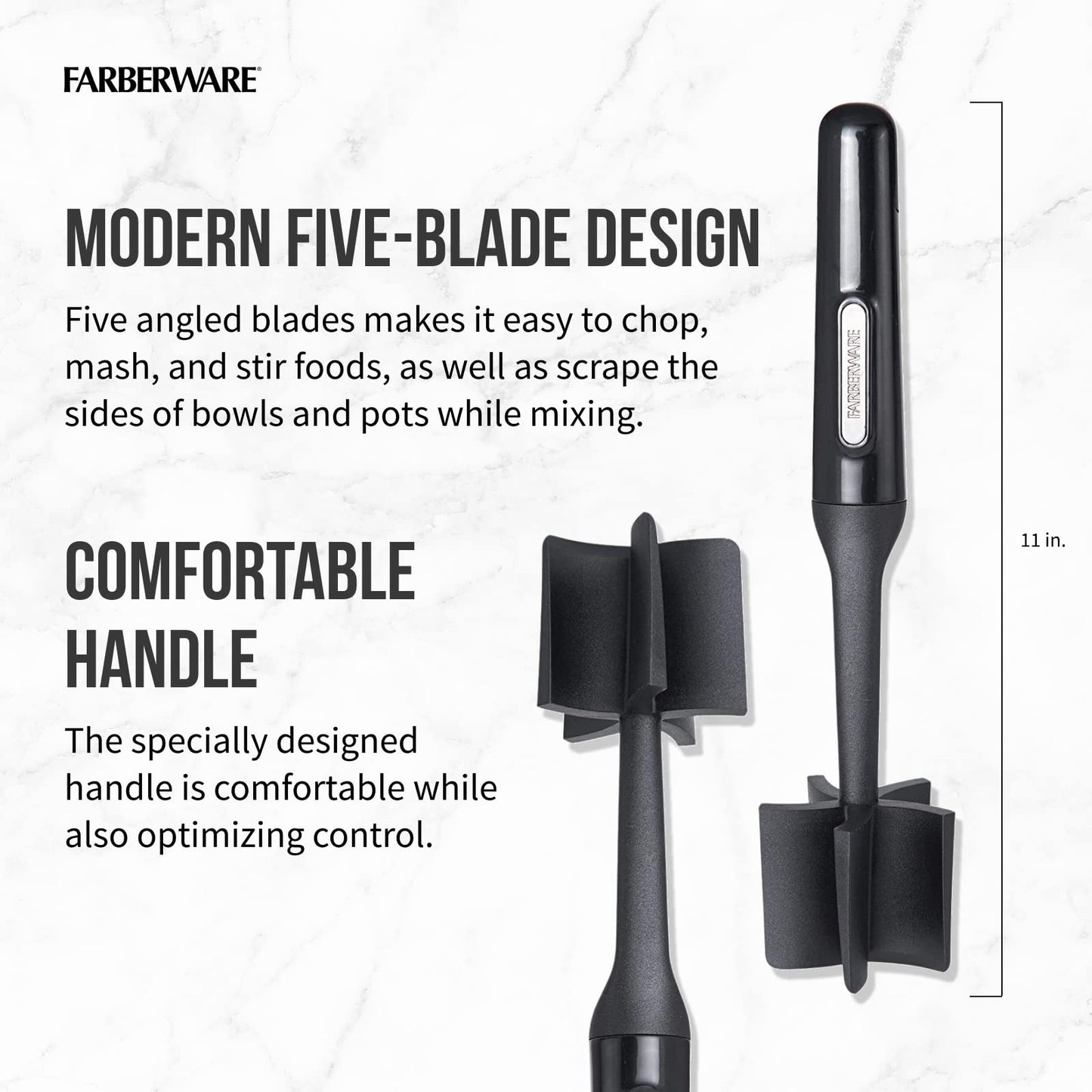 FARBERWARE Nylon Meat & Potato Masher, Heat-Resistant and Safe for Non-Stick Cookware, Durable 10-Inch Kitchen Tool with Ergonomic Handle, Black