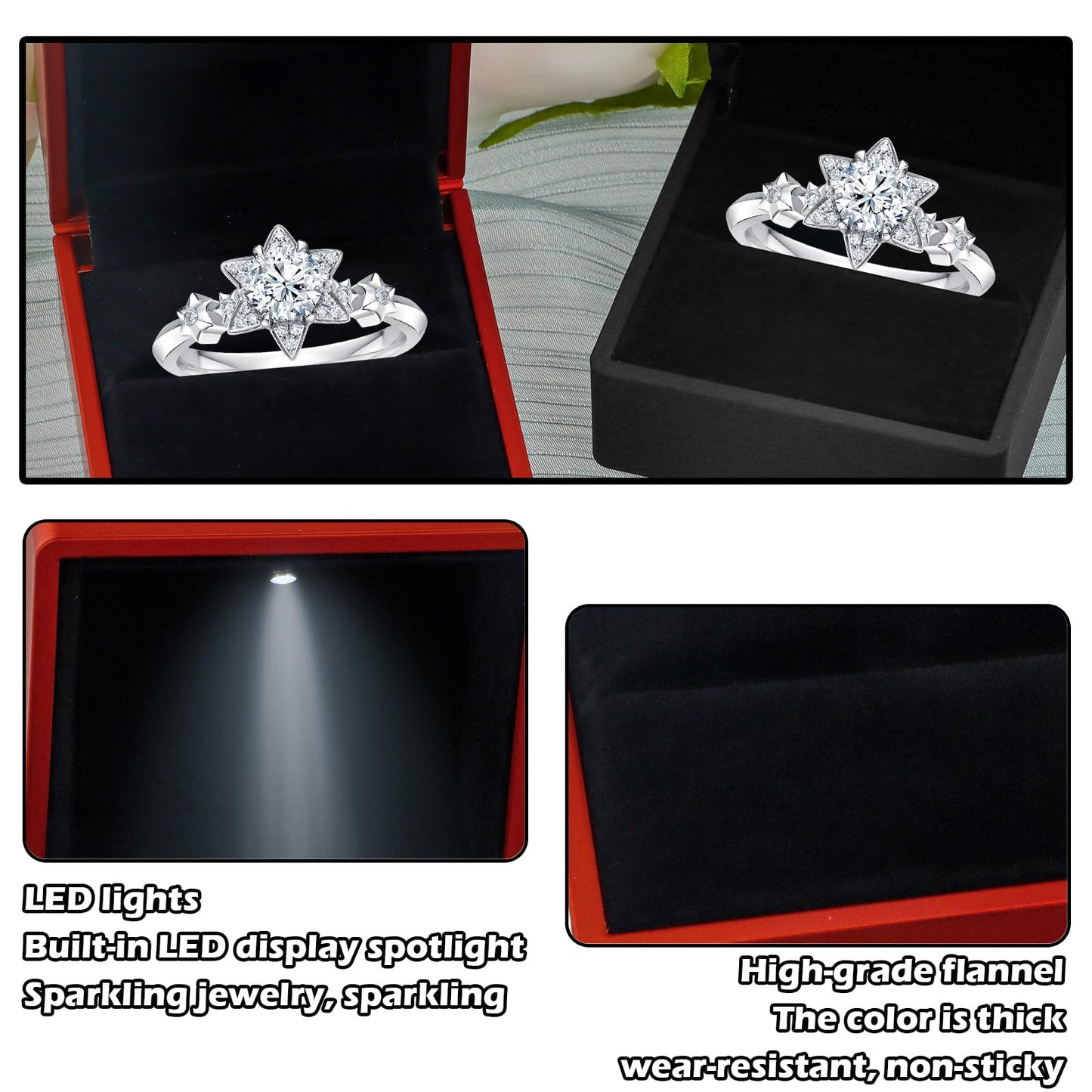 Jinlaili Ring Box with LED Light, Velvet Ring Box, Jewellery Gift Boxes, Decorative Ring Box, Heart Ring Box for Engagement Proposal Wedding Christmas (Red 2)