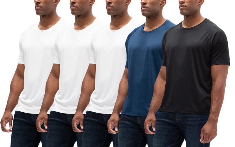 DEVOPS 5 Pack Men's Active Quick Dry t Shirts Athletic Running Gym Workout Short Sleeve Tee Tops Bulk (White/White/White/Navy/Black, Large)