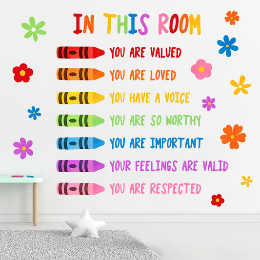 Mfault Colorful Floral Crayon Inspirational Wall Decals Stickers, Motivational Rainbow Flower Home Decorations Bedroom Art, Positive Quote You are Loved Floral Room Playroom Decor