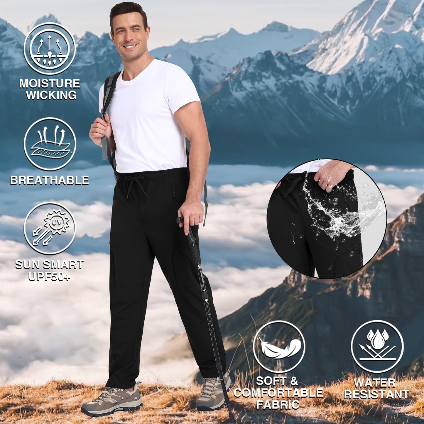Qngwrtk Men's Lightweight Hiking Pants 5-Pocket Elastic Waist Breathable Water-Resistant Quick Dry Outdoor Pants for Running Travel Camping Black