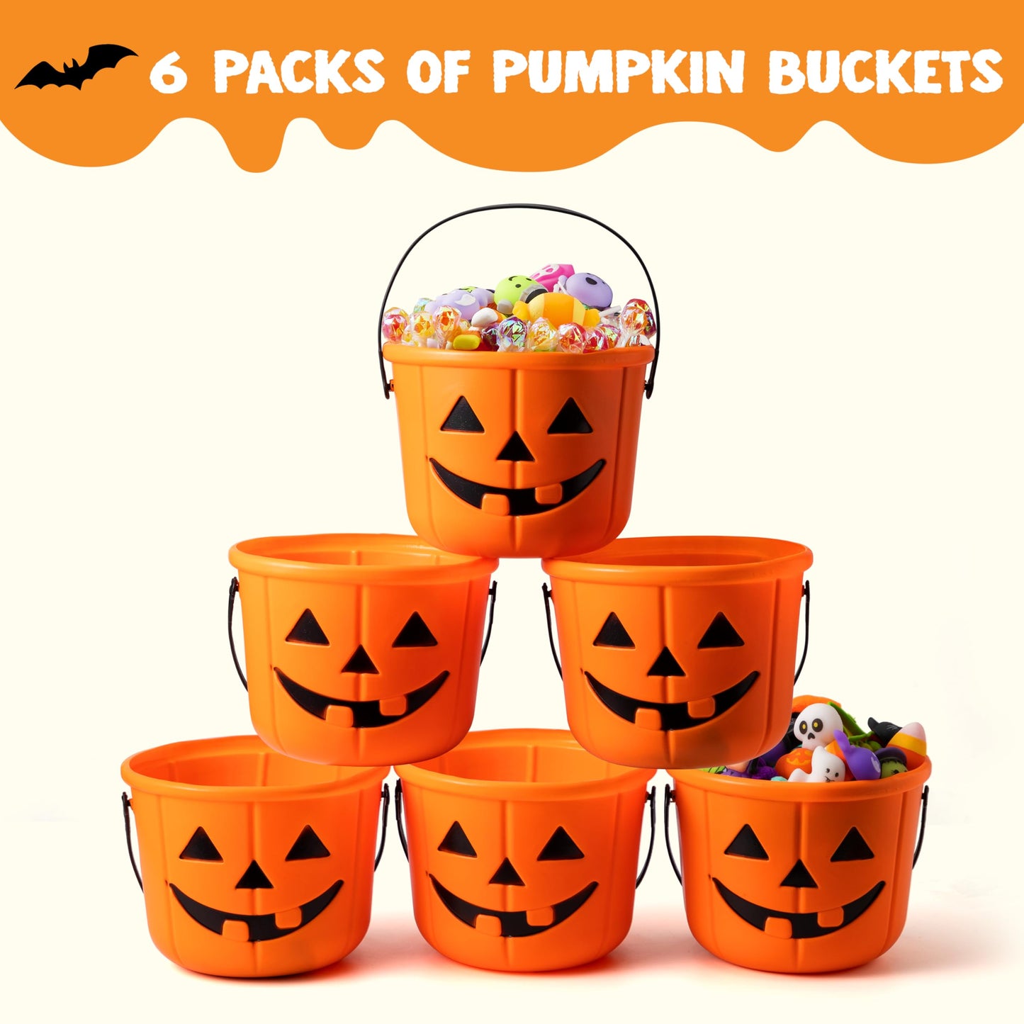 JOYIN 6PCS Halloween Trick or Treat Pumpkin Bucket, Jack O Lantern Candy Basket and Buckets for Trick or Treating, Orange Halloween Pails with Handle for Kids Party Favors Supplies Props