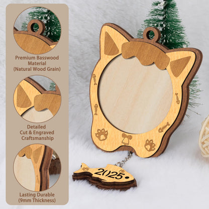 Creawoo Cat Picture Ornament 2025 Christmas Cat Photo Frame, Wooden Christmas Tree Decoration, Meow Xmas Ornament, Personalized Gift Holiday Hanging Pet Keepsake with Fish Dangle