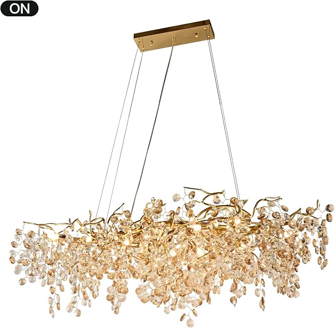 Modern Crystal Tree Branches Chandeliers Gold Luxury Round Raindrop Pendant Light Fixture 12 Light Ceiling Hanging Light for Dining Room Bedroom Living Room Entryway