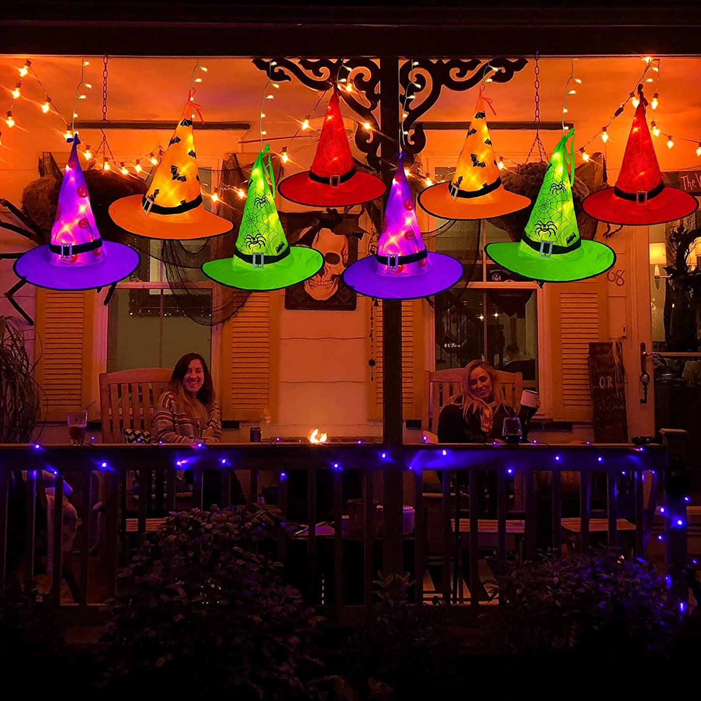 MZD8391 Halloween Decorations Lighted Witch Hats, 8Pcs Hanging Glowing Witch Hats 44ft Halloween Outdoor Lights String with 8 Lighting Modes for Outdoor, Garden, Yard, Tree