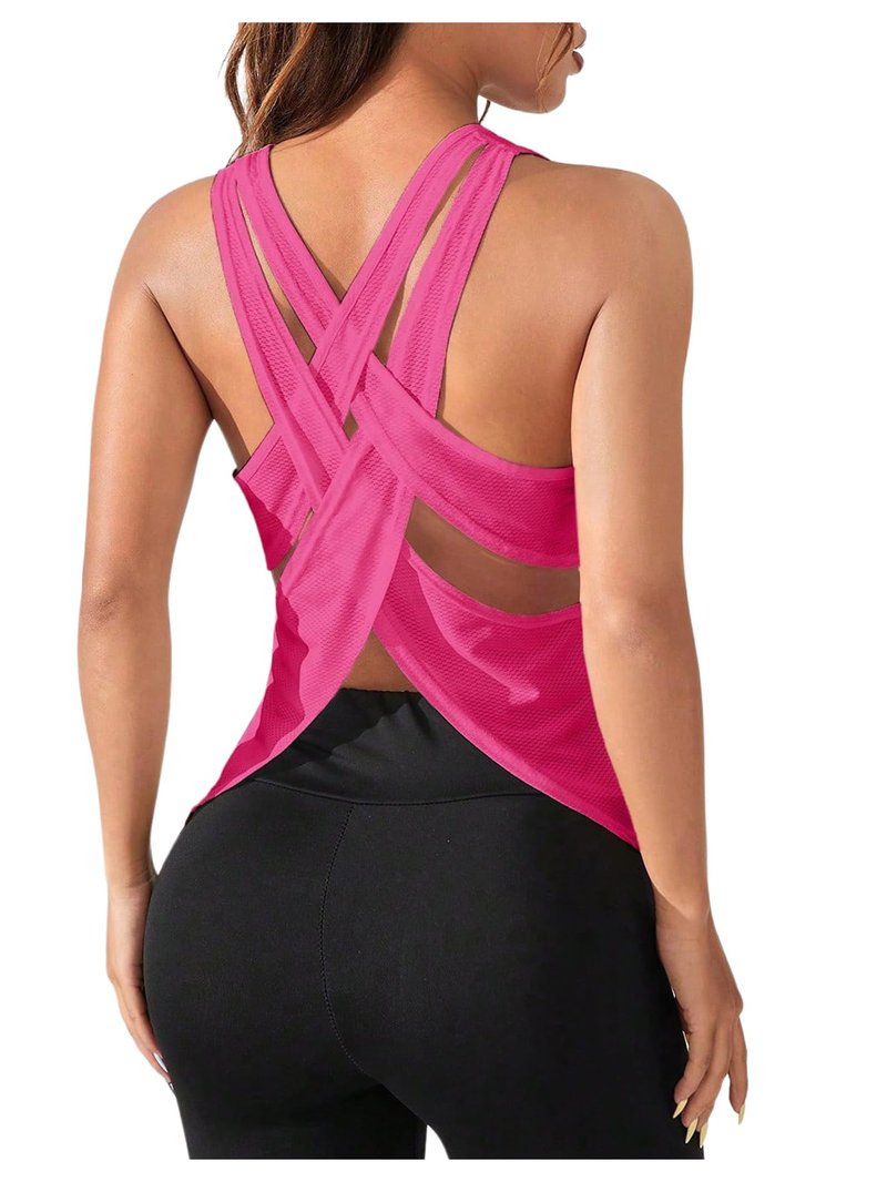 OYOANGLE Women's Open Back Workout Tops Racerback Athletic Loose Shirts Yoga Gym Clothes Sleeveless Running Tank Tops Hot Pink Medium