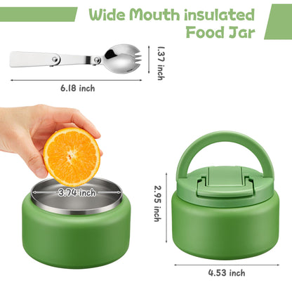 13.5oz Soup Thermo for Hot Food Kids Insulated Vacuum Food Jar with Buckle Lid,Wide Mouth Leakproof Stainless Steel Lunch Container with Spoon-Green