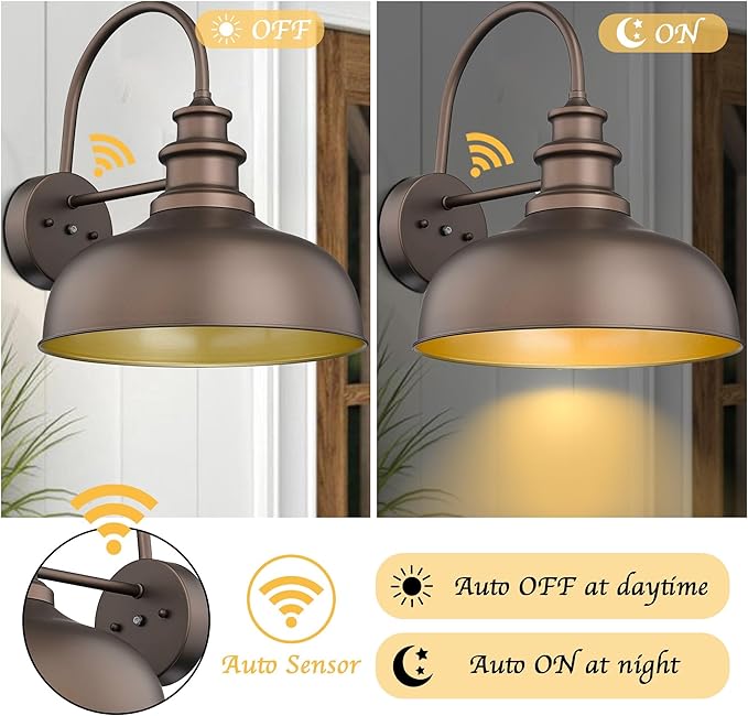 Bestshared 16 Inch Dome Large Dusk to Dawn Sensor Gooseneck Barn Light Farmhouse Outdoor Wall Sconce Industrial Exterior Wall Lighting Fixture, Outside Lantern Garage Lamp (ORB+Gold, 16” Dome-2Pack)