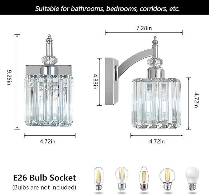 Modern Wall Sconces Set of Two Chrome Wall Sconces Indoor Wall Lamp Crystal Wall Light Wall Mounted Room Sconce Wall Lighting Bathroom Vanity Light Fixtures