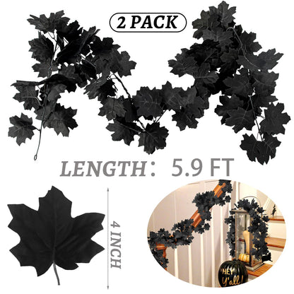 Black Maple Leaf Garland, 2PCS Halloween Artificial Hanging Fall Leave Vines, Fall Floral Garlands Thanksgiving Decor for Home Wedding Party (11.8FT)