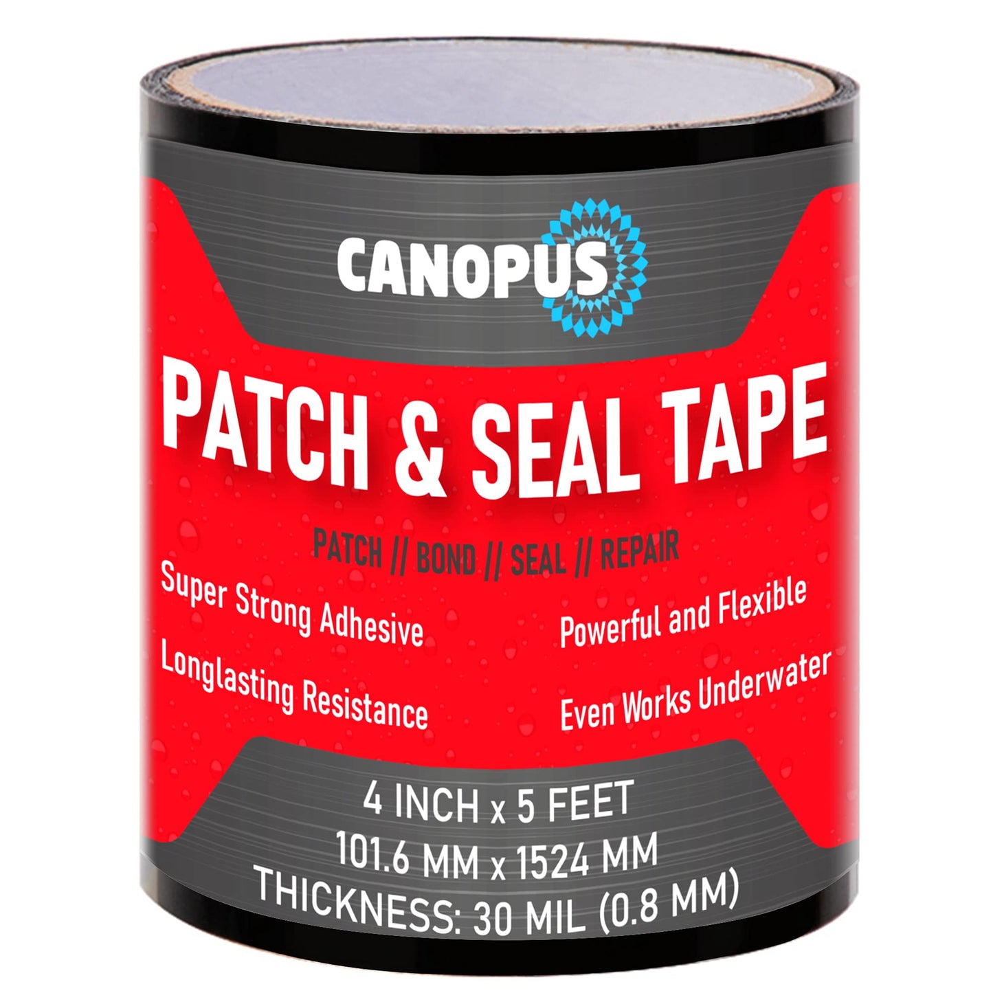 CANOPUS Patch and Seal Tape, Waterproof Tape for Indoor & Outdoor Use, Heavy Duty Thick Rubberized Repair Tape, Fix Leaks on Hoses, Pipes, Gutters, Roofs, Boats, Pools, 4" x 5' Black