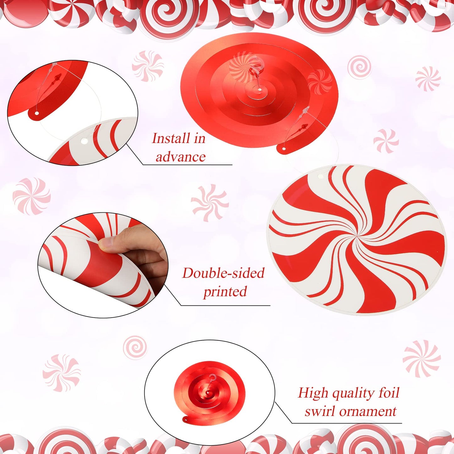Funrous 54 Pcs Christmas Peppermint Candy Hanging Decorations Christmas Candies Ceiling Hanging Swirls Xmas Party Ceiling Whirl Streamers for Xmas Holiday Party Decor(Red White)
