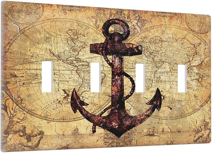 Anchor Nautical Vintage Map 4 Gang Decorative light switch plate Quad Toggle Wall Plate Covers Switchplate Electrical Faceplate for Office Livingroom Home Decor