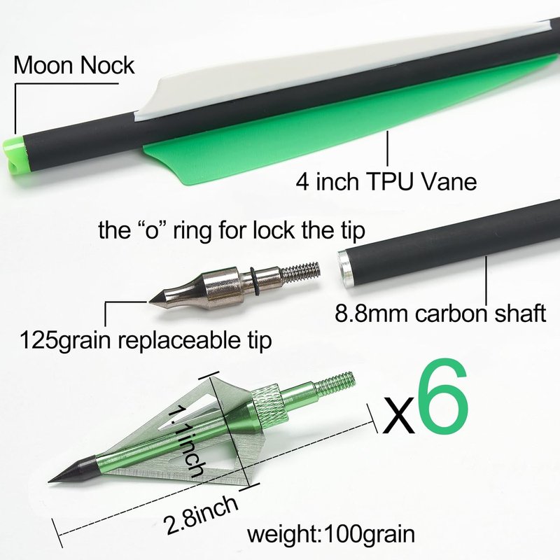 20 Inch Carbon Crossbow Bolts Set - 12 Hunting Arrows with 6 Broadheads for Archery Practice | Durable Carbon Material
