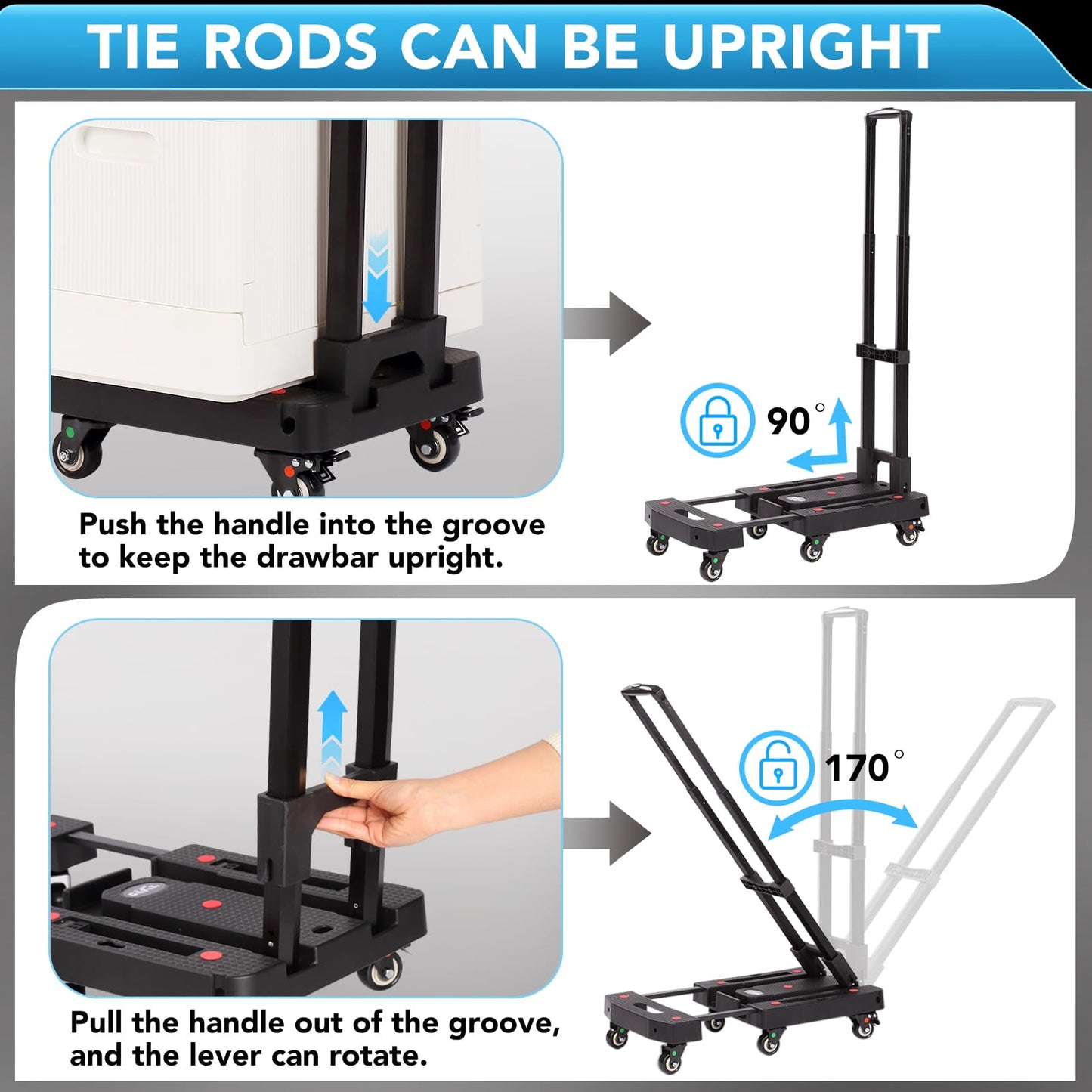 GtIiFmTe Folding Hand Truck Dolly for Moving,500LB Heavy DutyPortable Luggage Cart6 Wheels with 2 Brake,Extendable Utility Dolly Platform Cart with 3 Bungee Cords (Black)