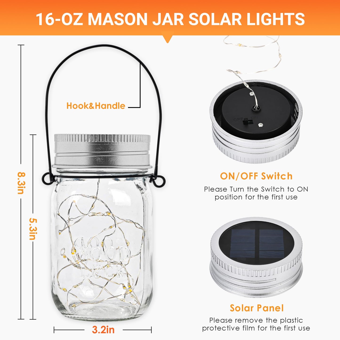 Solpex Solar Mason Jar Lights, 6 Pack Solar Garden Lights 30 LED Mason Jar Waterproof Lanterns Outdoor/Indoor Hanging Lantern for Garden, Patio, Courtyard Wedding Party