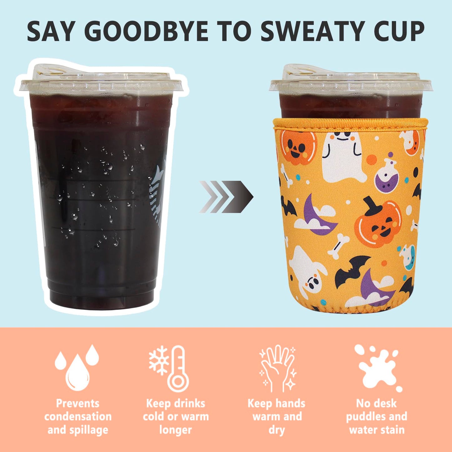 3 Pack Reusable Iced Coffee Sleeves - Xumbtvs Insulator Sleeve for Cold Beverages, Neoprene Coffee Cup Holder (Halloween Boo)