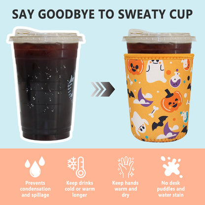 3 Pack Reusable Iced Coffee Sleeves - Xumbtvs Insulator Sleeve for Cold Beverages, Neoprene Coffee Cup Holder (Halloween Boo)