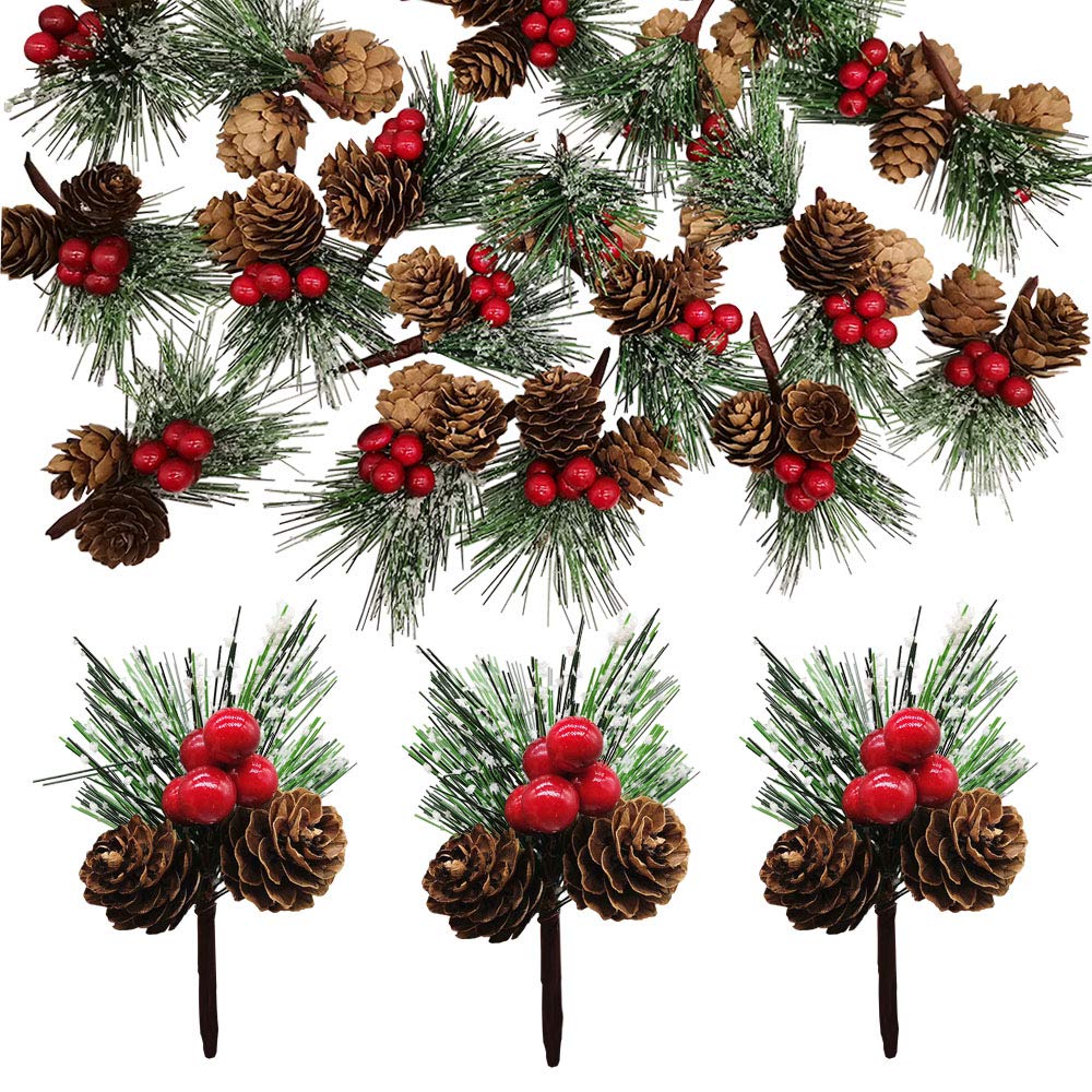 20 PCS Snow Covered Pine Needles Branches with Red Berry Stems Mini Pinecone Picks for Crafts Holiday Wreath Christmas Tree Ornaments Decor by Baryuefull