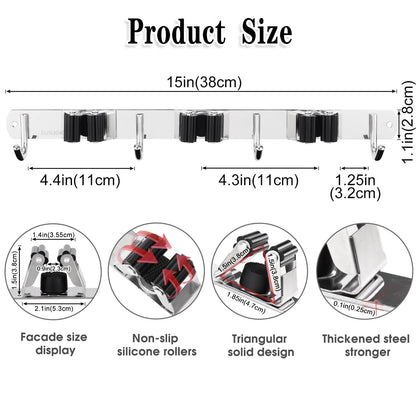 2 Pack 3 Racks and 4 Hooks Broom and Mop Holder Wall Mounted Garage Organizer Storage Tool Racks Stainless Steel Heavy Duty Hooks Self Adhesive Solid Non-slip Wall Hangers for Home Kitchen Garden