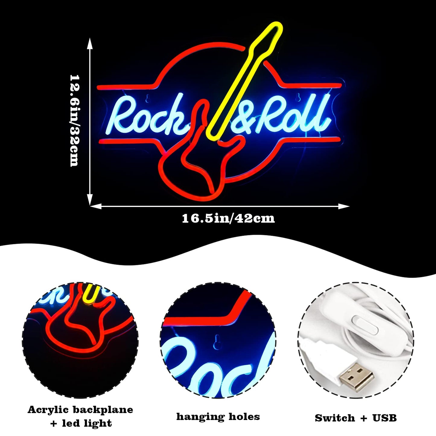 LooKLight Guitar Rock and Roll Neon Sign,Neon Light Sign,Led Neon Light for Wall Decor,Guitar Shape Light Up Sign,USB Neon for Bar Live Music Vocal Recital Concert Man Cave