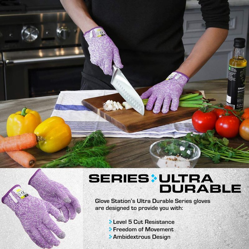 Glove Station Ultra Durable Series Cut Resistant Gloves - Cutting Gloves for Chefs, BBQ and Cooking - Level 5 Protection, Food Grade Safe Cut - Purple, Medium Size