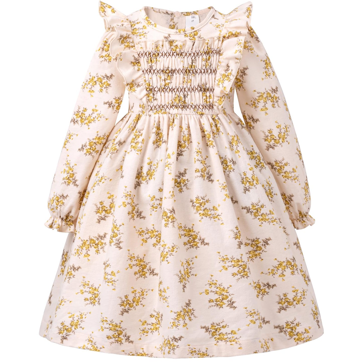 KOGWER Toddler Girl Clothes 4T Long Sleeve Smocked Dress Vintage Brown Floral Dress Spring Dresses Toddler Girl Easter Outfit