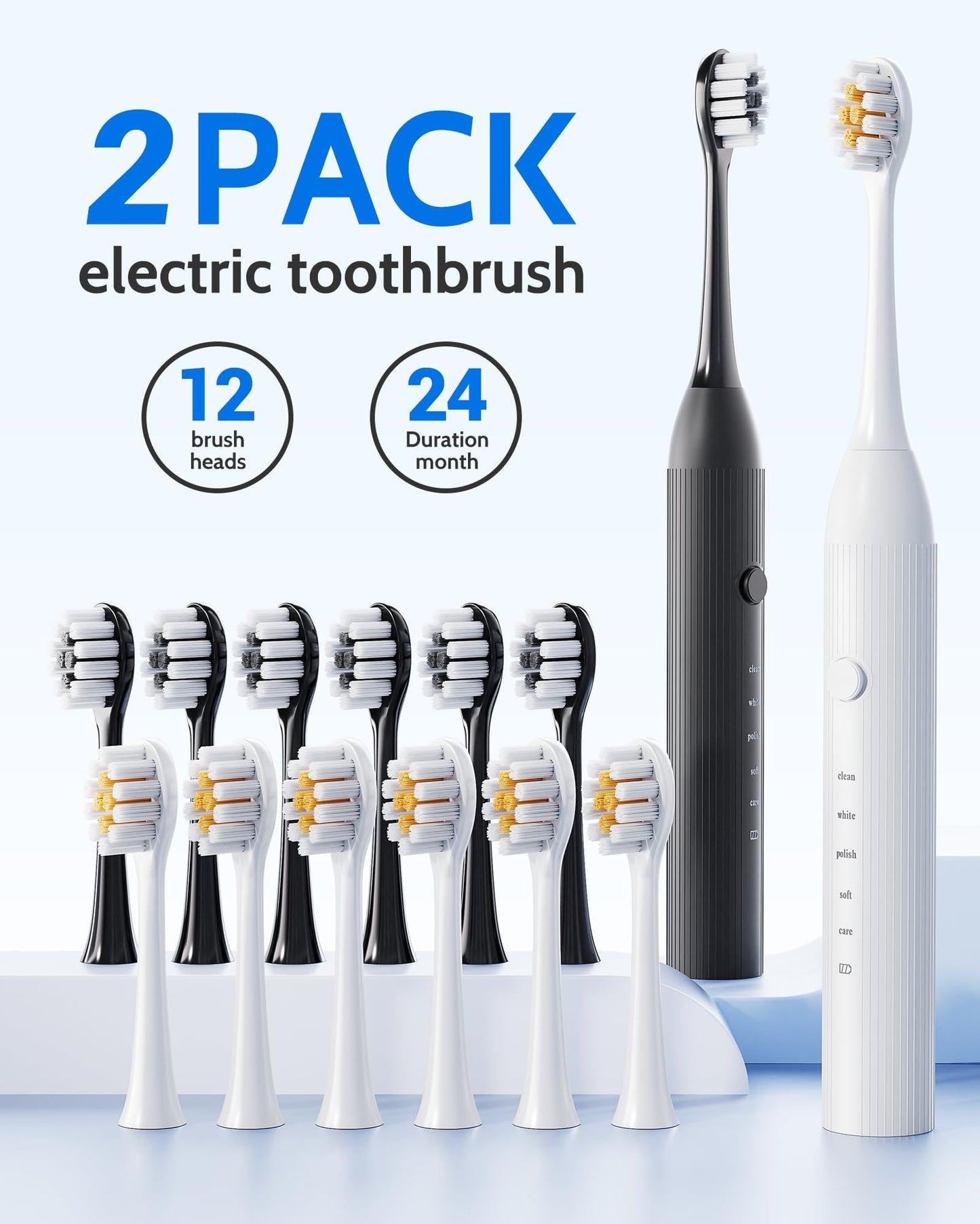 2 Pack Electric Toothbrush for Adults and Kids - Rechargeable Kids Ages 12+ and Adults with 12 Brush Heads & 2 Electric Toothbrush, 90 Days Battery Life - Black and White