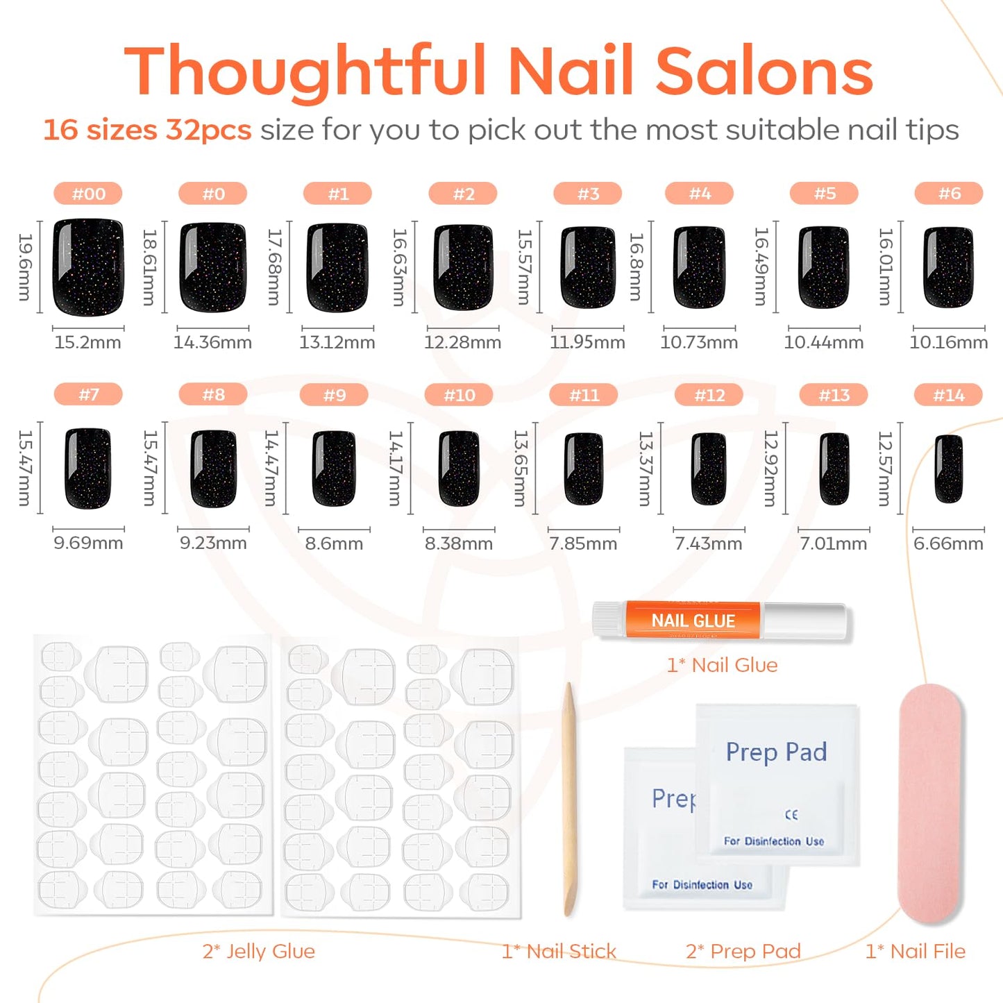Modelones 32Pcs Sparkle Black Press on Nails, Glitter Short Fall HalloweenSquare Fake Nails, Reusable Nail Kit with Nail Glue Adhesive Tabs Mini Nail File, Nails Press Ons 16 Sizes