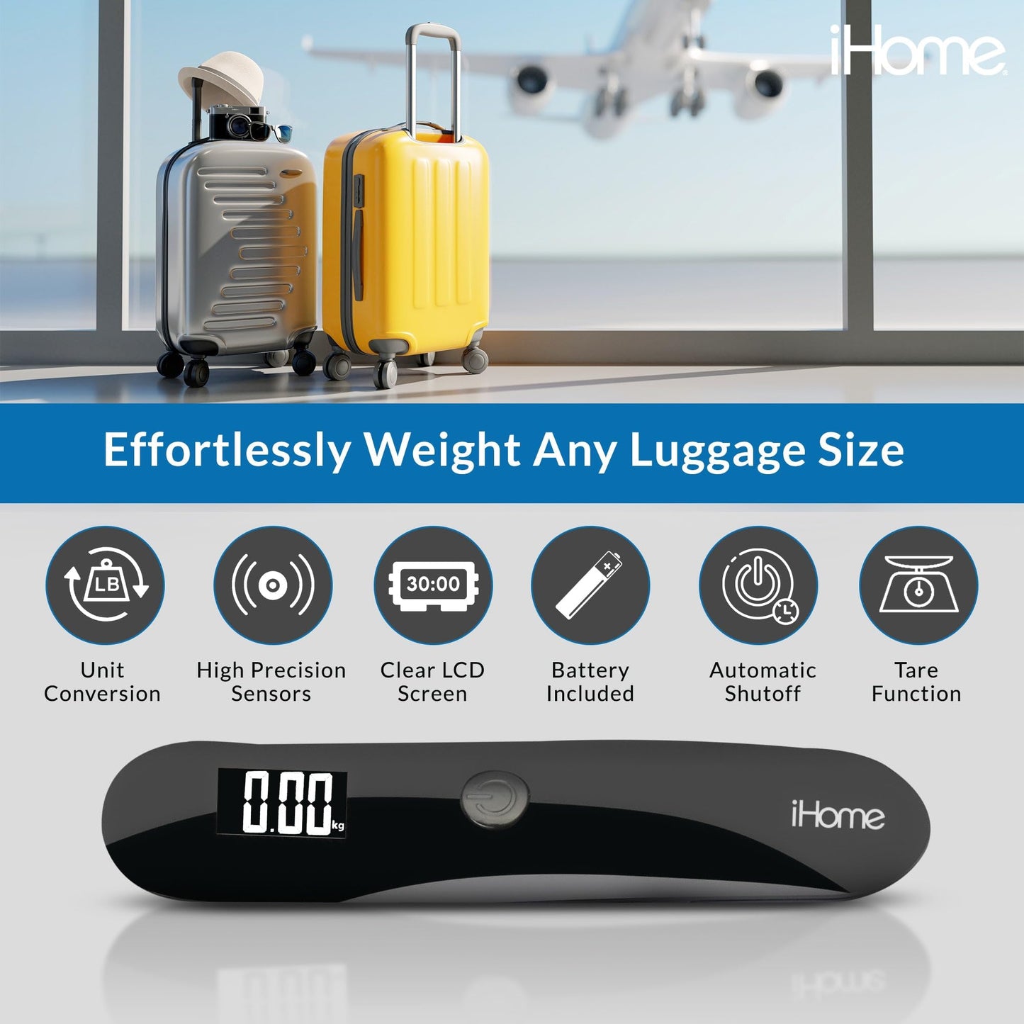iHome Digital Luggage Scale, Battery Included, Travel Scale Luggage Weight, Baggage, Suitcase Scale, Luggage Scale Travel Digital, Hanging Scale, Luggage Weight Scale