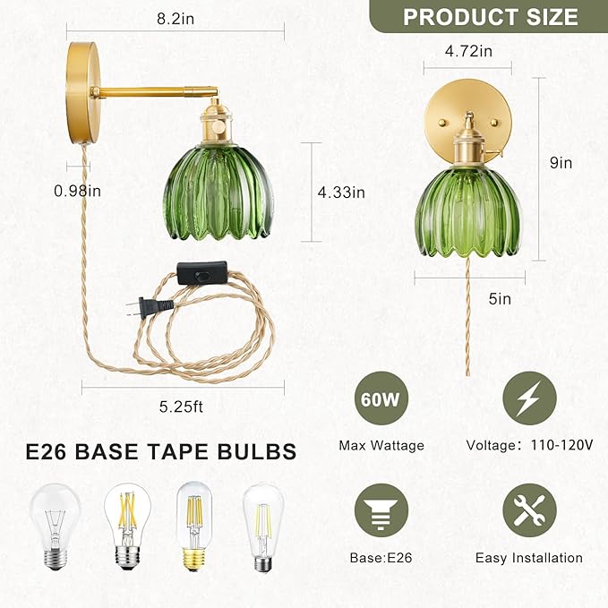 Plug in Wall Sconces Set of 2, Vintage Wall Sconce Light with Tulip Green Glass Lampshade, 180° Adjustable Wall Sconce with Switch and Plug in wall lamp Cord, Gold Wall Light Wall Decor Set of 2