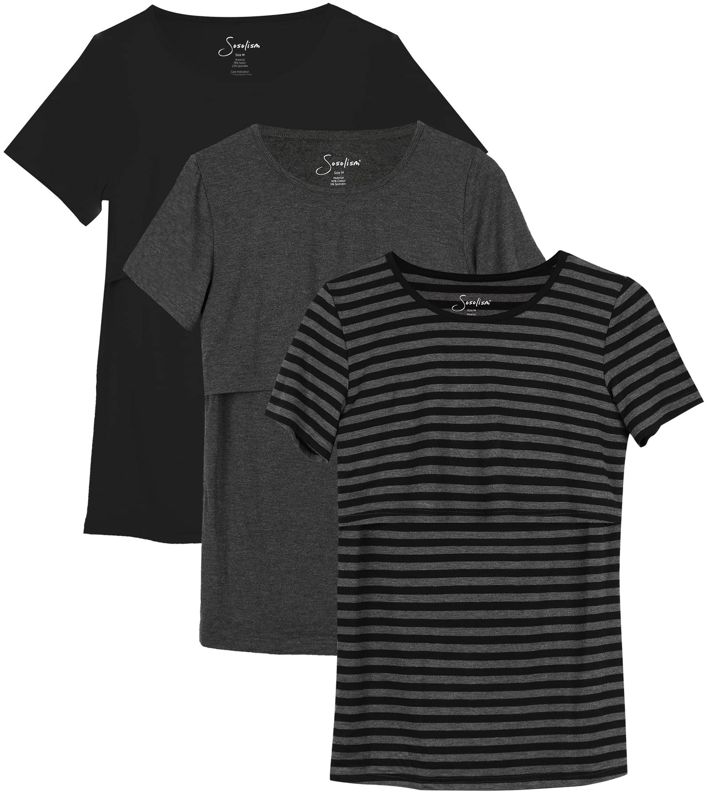 Sosolism 3 Pack Nursing Tops Summer Short Sleeve Breastfeeding Shirts Casual Pregnancy Postpartum Tshirts for Women Black, Dark Grey, Striped, Large
