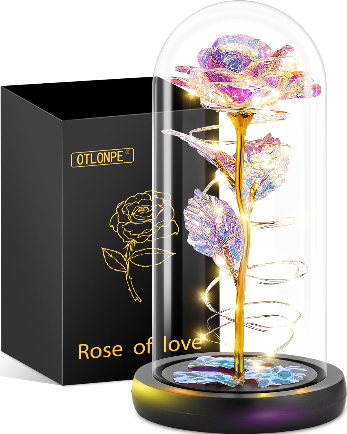 Otlonpe Preserved Forever Valentines Day Flower Gifts for Her, Glass Light Up Rose Gifts for Women Mom Grandma Girlfriend Wife Sister, Valentines Mothers Day Christmas Birthday Womens Gift (Colorful)