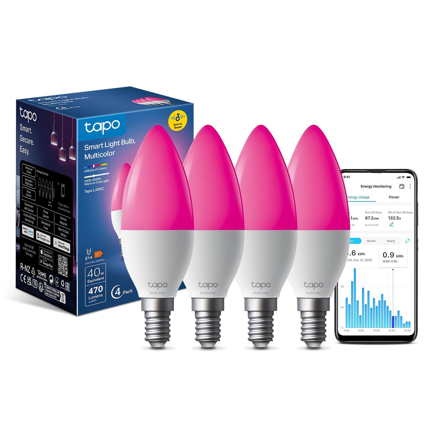 Tapo L430C(4-Pack) Smart Bulb, Alexa Light Bulbs, E14, LED Light Bulb, 470 Max Lumens, Dimmable, Colour Changing Light Bulb, Auto Biorhythm,Music Sync,Voice/APP Control,Schedule & Timer