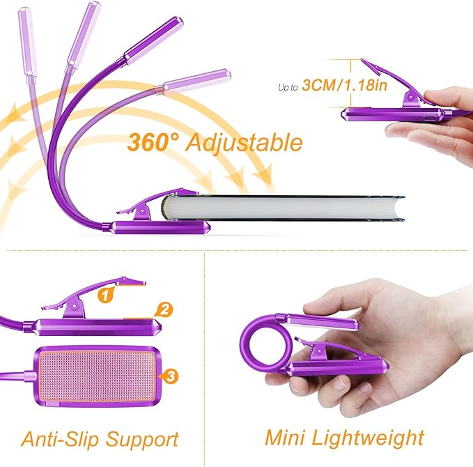 Gritin 9 LED Rechargeable Book Light for Reading in Bed - Eye Caring 3 Color Temperatures,Stepless Dimming Brightness,80 Hrs Runtime Small Lightweight Clip On Book Reading Light-Dark Purple