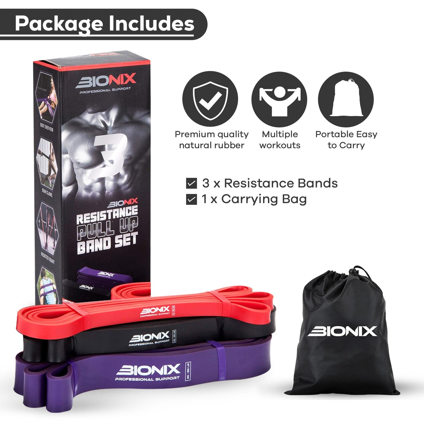 Bionix Resistance Bands - Pull Up Assistance Bands Set for Calisthenics, Muscle Toning, Yoga, Strength Training, Powerlifting Equipment- Stretch Bands for Exercise- Gym Fitness Bands for Men and Women