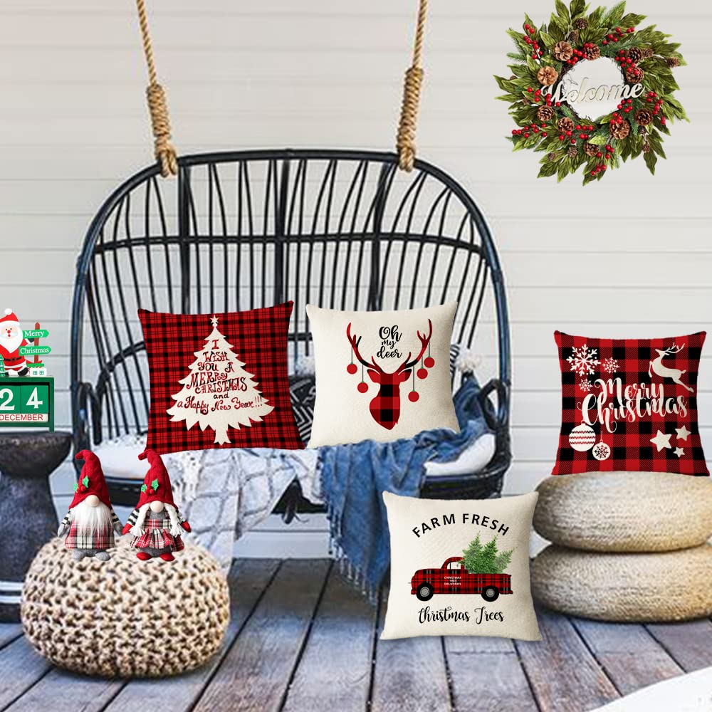 Set Of 4 Christmas Decorative Throw Pillow Covers Christmas Holiday Xmas Square Linen Cushion Covers Merry Christmas Trees Red Truck Snowflakes Deer Outdoor Couch Sofa Home Pillow Cases 18x18 Inch