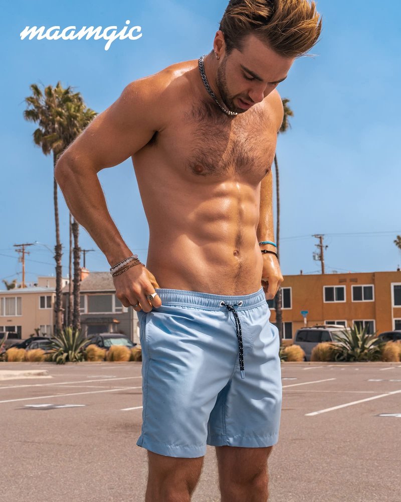 maamgic Mens Swim Trunks Quick Dry Swim Shorts with Mesh Lining Funny Swimwear Bathing Suits 7inch Solid Lake Blue Medium