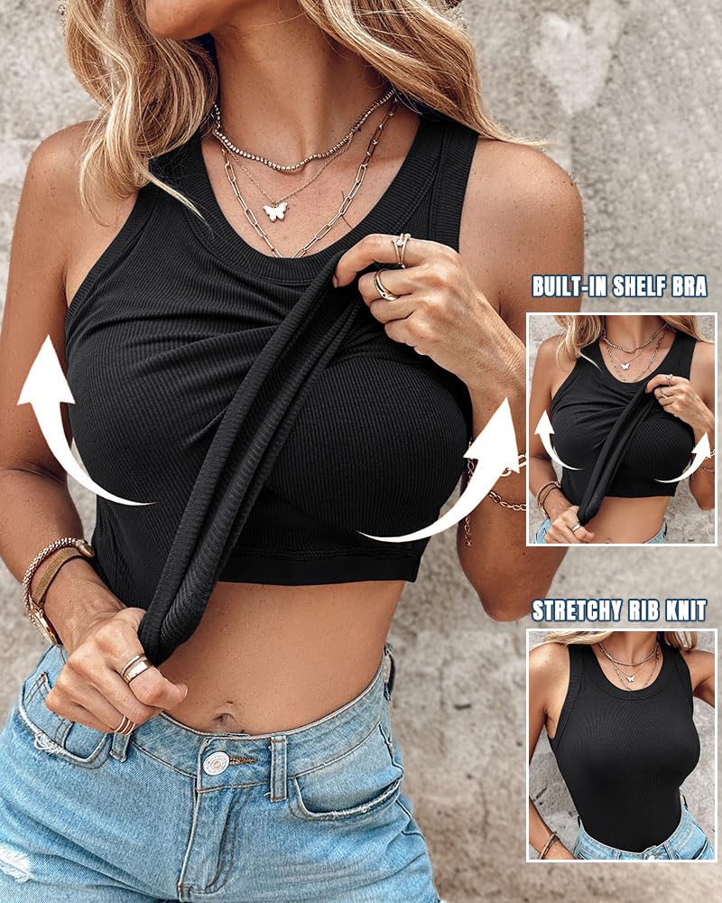 CHICME Tank Tops with Built in Bras Athletic Tank Tops for Women Ribbed Tank Top Running Tops Black-M