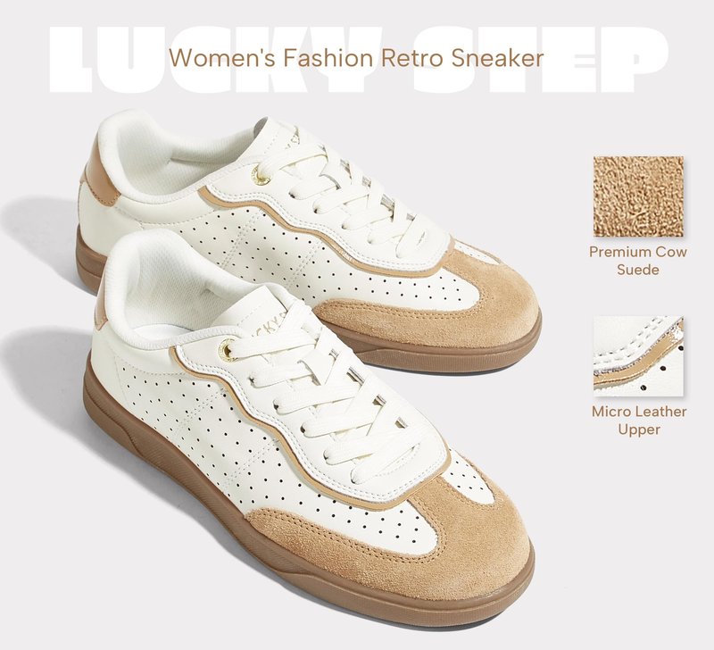 LUCKY STEP Women's Retro Cour Fashion Sneakers Casual Low Top Cow Suede Walking Shoes Anti-Slip Gum Rubber Sole Tennis Skate Footwear(White/Brown,7)