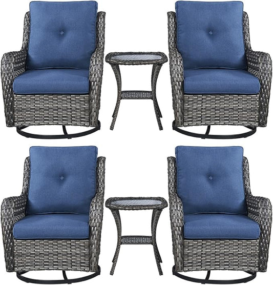Rilyson Wicker Rocking Chair Swivel Chairs – 6 Piece Rocker Patio Furniture Set Rattan Rocking Bistro Sets with Glass Top Side Table for Outdoor Porch Deck Garden Backyard(Mixed Grey/Blue)