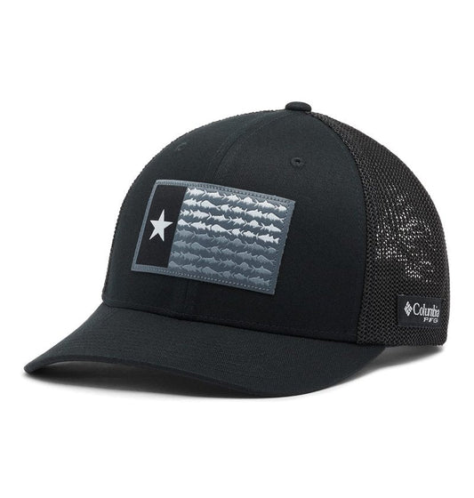 Columbia PFG Flag Mesh Ball Cap-High Crown, Black/Black/Texas Fish, Large/X-Large