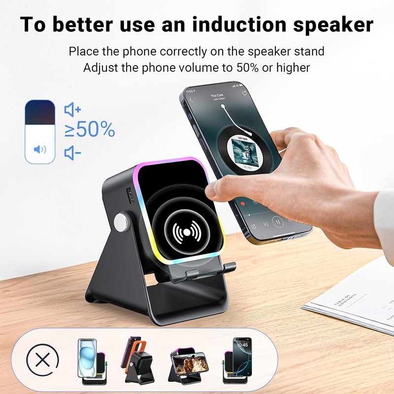 Induction Speaker - 5-in-1 Wireless Bluetooth Audio with Phone Stand & Colorful Light | Rechargeable for iPhone & Android (Black)