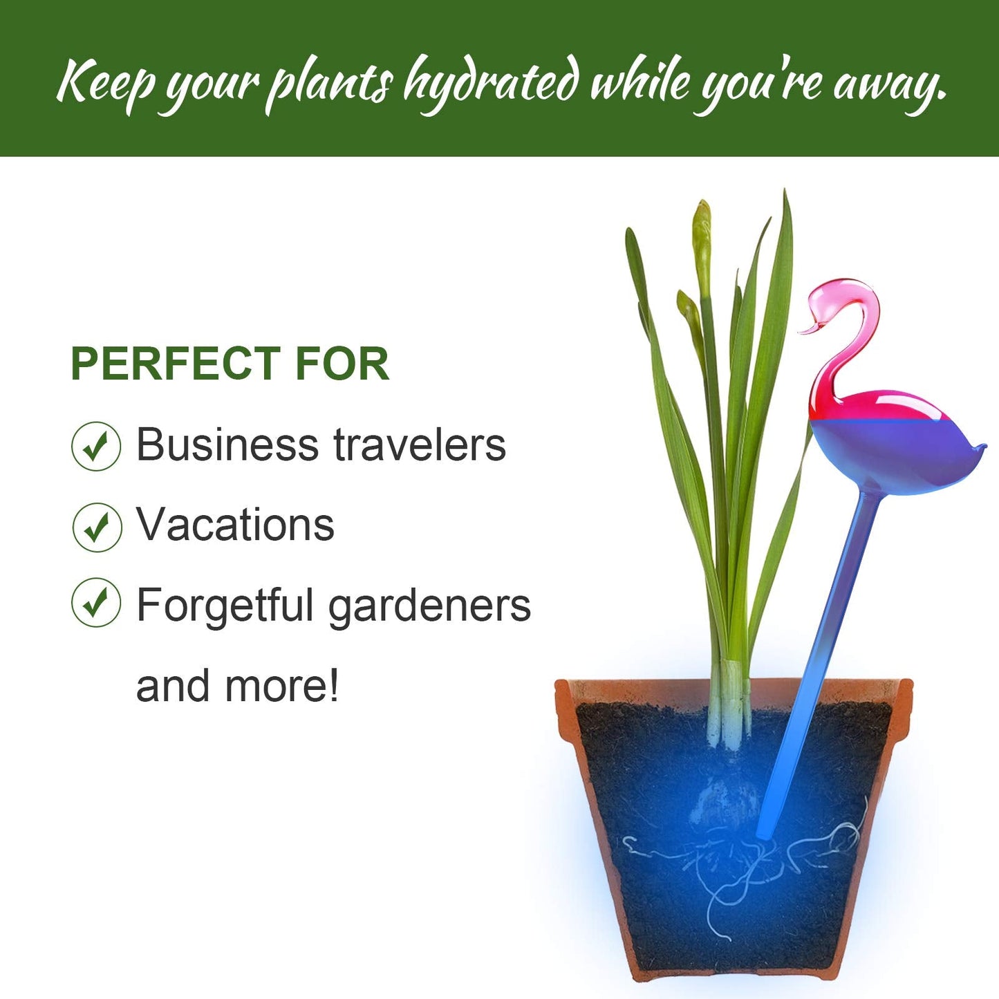 NiHome Flamingo Self-Watering Bulb 2-Pack 10" Long Gradient Hot Pink Hand-Blown Glass Globe Pot Plant Waterer for Home Indoor Outdoor Garden Patio Hanging Flower Automatic Irrigation System