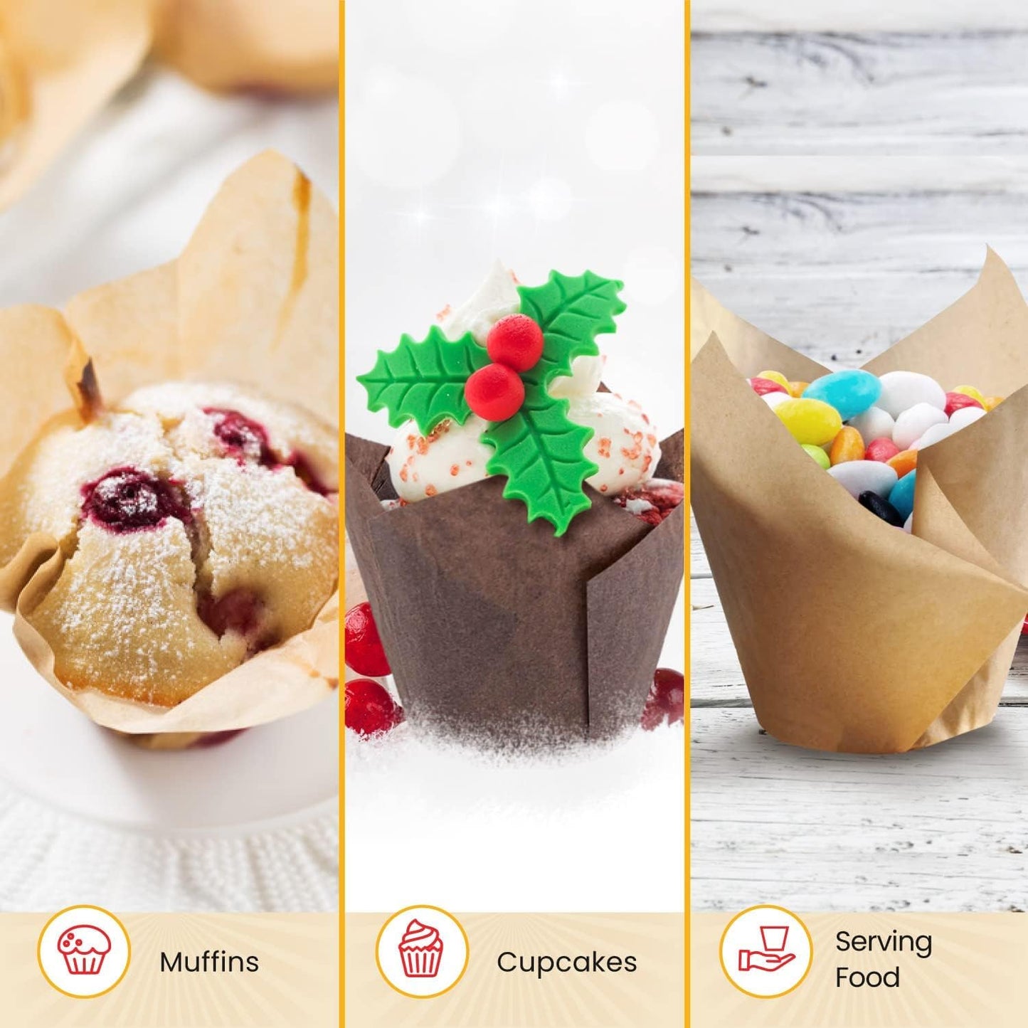 Tulip Cupcake Liners, Muffin Liners for Baking by Baker’s Signature 200pcs of Parchment Paper Cups Cupcake Wrappers – Perfect Size, Sturdy, Greaseproof & Easy to Use – Beige White Brown