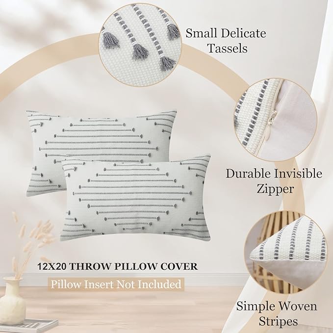 Mecatny Boho Outdoor Throw Pillow Covers 12X20 Set of 2, Farmhouse Lumbar Pillow Covers for Couch Sofa Living Room, Grey & Cream White